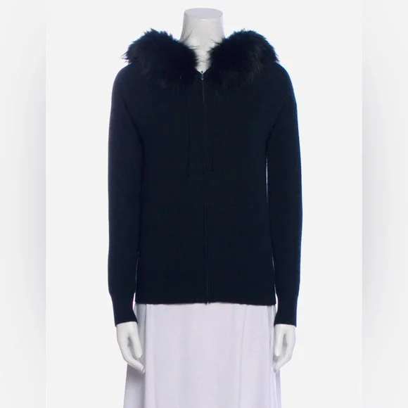 Amicale Cashmere Black Cardigan with real foxFur Collar